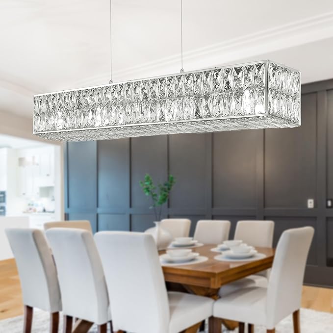 IKK Modern Rectangle Chandelier for Dining Room, Crystal Chandeliers with Stainless Steel in Chrome, Large Rectangular Pendant Light for Kitchen Island L40 x W6.7 x H6.3