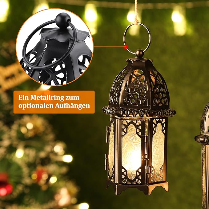 Metal Candle Holder 4PCS Transparent Glass Moroccan Style Hanging Lanterns Creative Wedding Home Tabletop Decoration Birdcage, Black