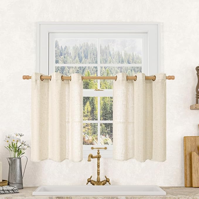 LAMIT Short Linen Window Curtains 30 Inches Long 2 Panels, Beige Semi Sheer Light Filtering Panels Bronze Grommet Neutral Drapes for Basement/Small Windows, 34 x 30 Inch