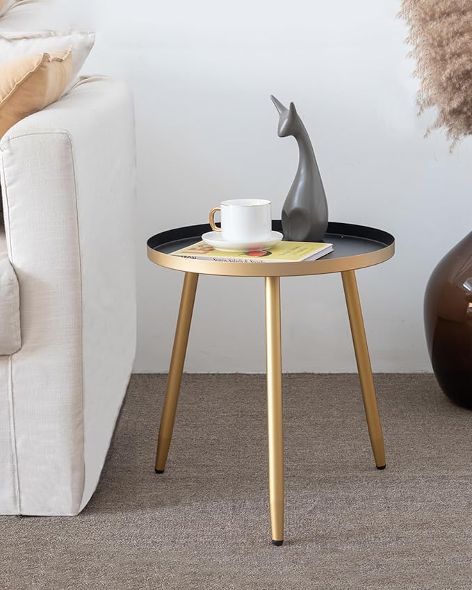 AOJEZOR Side Table: End Table for Any Room - Round Side Tables for Small Spaces - Black Top with 3 Gold Legged