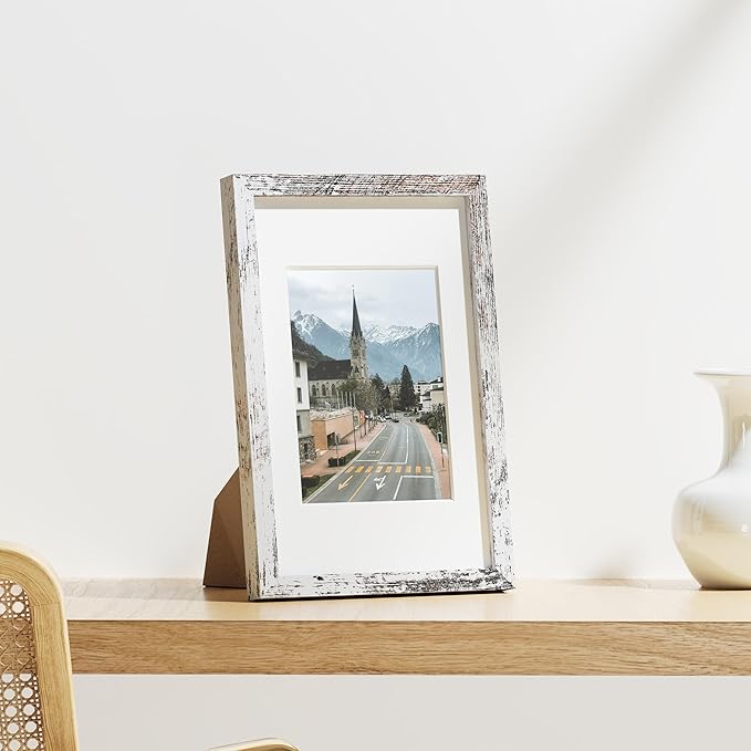 Vittanly 8x12 Picture Frames Set of 9, Shatter Resistant Plexiglass, Display 6x8 Pictures with Mat or 8x12 without Mat, Photo Frames for Wall or Tabletop, Engineered Wood, Distressed White