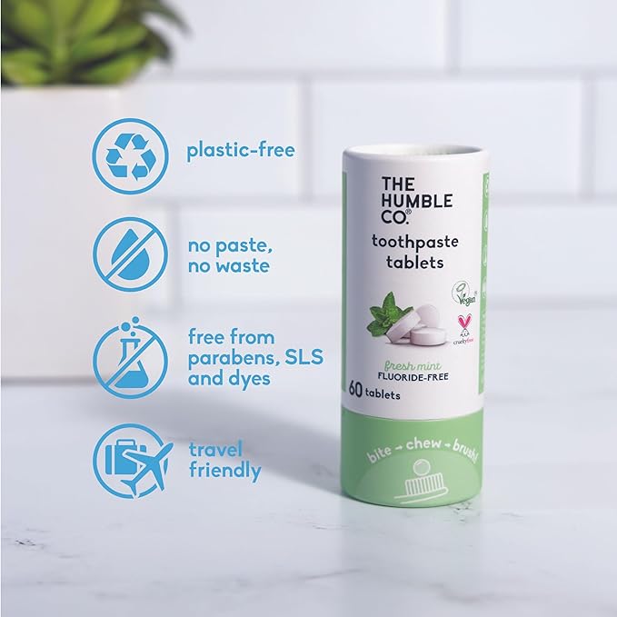 The Humble Co. Mint Toothpaste Tablets Fluoride-Free, 3pk - Anticavity, Fluoride Free Toothpaste Dental Tablets with Natural Ingredients, Dentist Developed Formula (Mint, 3 Pk)