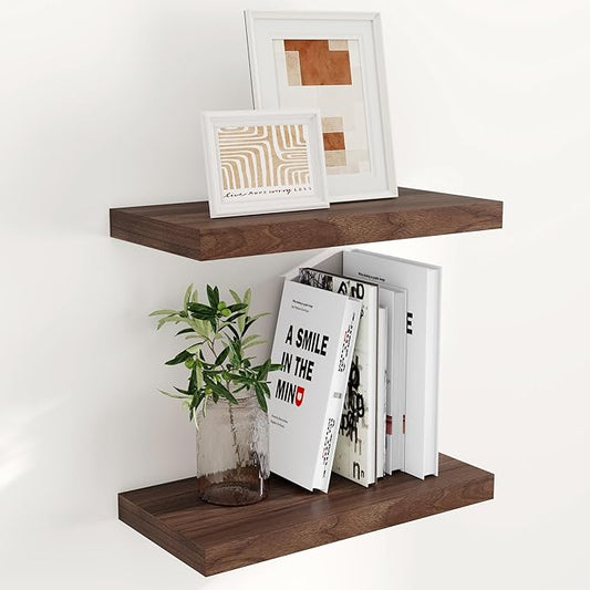 Fun Memories 16 Floating Shelves for Wall, 9 Inch Deep Floating Shelf for Bathroom, Rustic 16 x 9 Floating Shelf for Kitchen, Bedroom, Wide Wooden Shelves Wall Mounted, Walnut Color, Set of 2