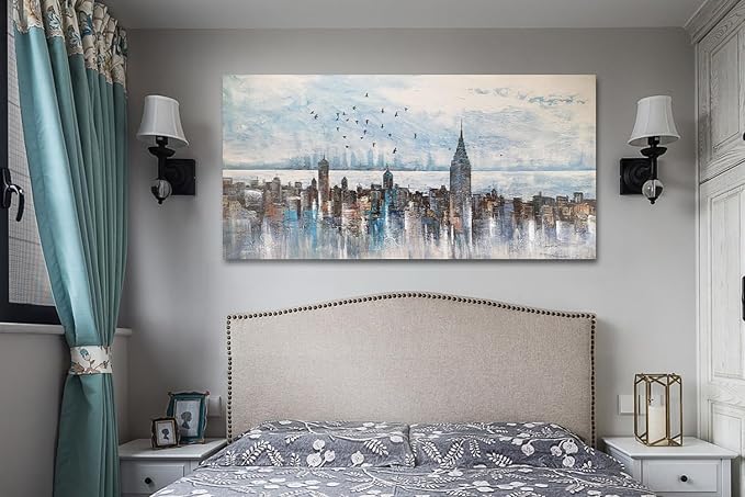 Arjun Cityscape Wall Art New York City Skyline Buildings Picture Modern Abstract Grey NYC Skyline Birds Painting Framed Artwork for Bedroom Living Room Bathroom Home Office Decor, Large Size 40"x20"