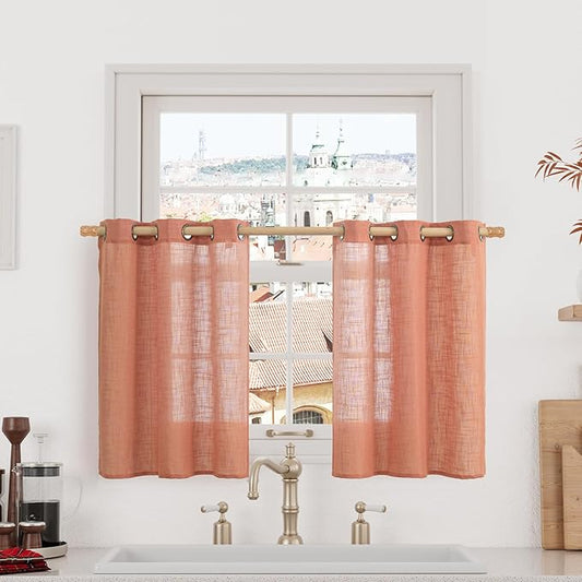 LAMIT Short Linen Window Curtains 30 Inches Long 2 Panels, Terracotta Semi Sheer Light Filtering Panels Bronze Grommet Room Decor Drapes for Basement/Small Windows, 34 x 30 Inch