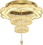 Flashing God Modern Crystal Chandeliers Dia 24" Gold Chandelier Flush Mount Ceiling Light for Bedroom Living Room Dining Room Hallway Dimmable 3 Rings LED Celing Lighting Fixtures