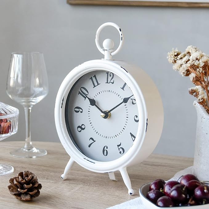 Vintage Rustic White Table Clock on Stand, Decorative Desk & Shelf Clock, Rustic Mantel Farmhouse Non-Ticking