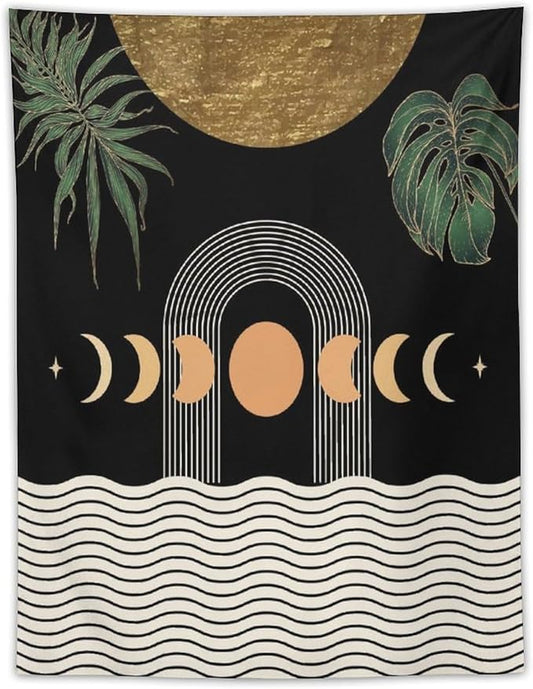 Abstract Boho Tapestry, Mid Century Tropical Tree Leaves Modern Geometric Arch Bohemian Botanical Tapestry, Home Aesthetic Wall Hanging Art Decor for Living Room Bedroom Dormitory 50x60 Inch