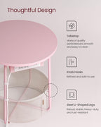 VASAGLE Side Table with Charging Station, Round End Table with Fabric Basket, Nightstand with Power Outlets, USB Ports, for Living Room, Bedroom, Modern, Jelly Pink and Cream White ULET228R01