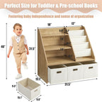 Kids Bookshelf and Toy Storage Organizer, Montessori Nursery Book Shelves with 3 Tier Sling Rack & Fabric Toy Bins, Children Toddler Baby Bookshelf, Wooden Toy Shelf for Kids Room Playroom