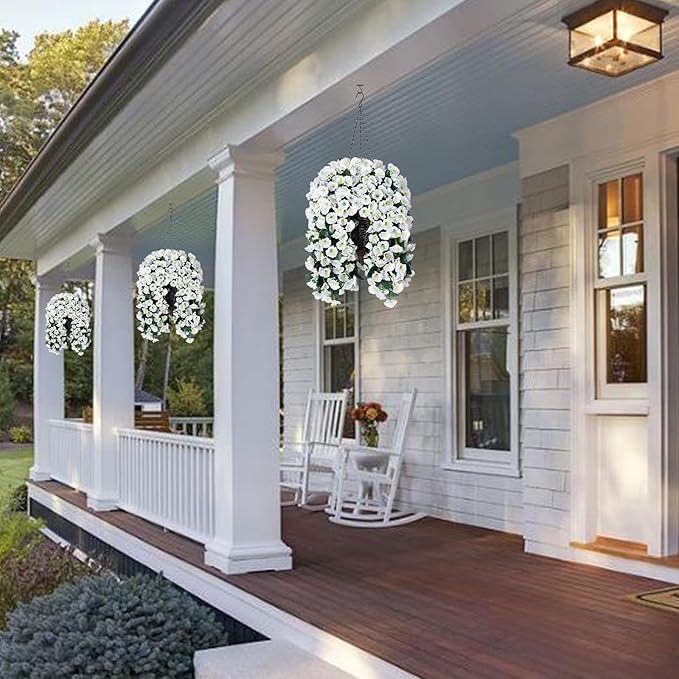 Artificial Faux Hanging White Flowers Plants Basket for Outdoor Outside, Fake UV Resistant Realistic White Morning Glory Flowers for Porch Home Balcony Yard Patio Decoration