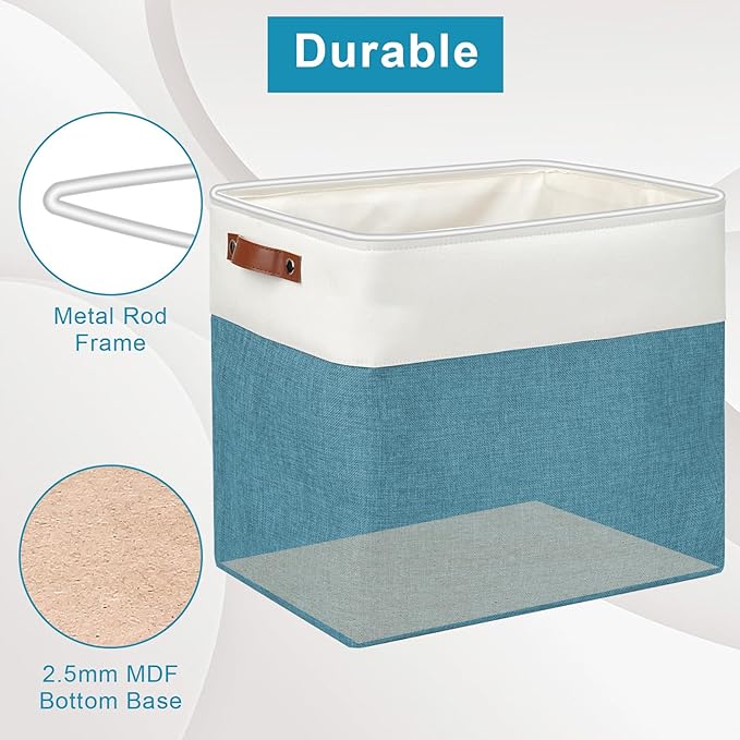 Large Fabric Storage Baskets | 50L Storage Bins, Decorative Linen Closet Baskets with Handles for Organizing, Shelf, Toys, Clothes, Home, Office, Nursery, 17x12x15Inches (Teal&White)