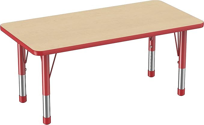 FDP Rectangle Activity School and Kids Classroom Table (24 x 48 inch), Toddler Legs, Adjustable Height 15-24 inches - Maple Top and Red Edge