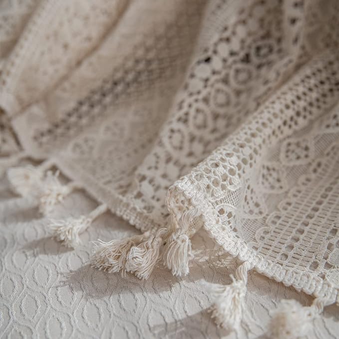 Sutuo Home Boho Curtains Crochet Lace Semi-Sheer Bohemian Hollow Knitted Handmade Tassels, Rod Pocket Window Treatment Vintage Rustic Farmhouse Drapes for Living Bedroom, 1 Panel 59" W x 84" L, Beige