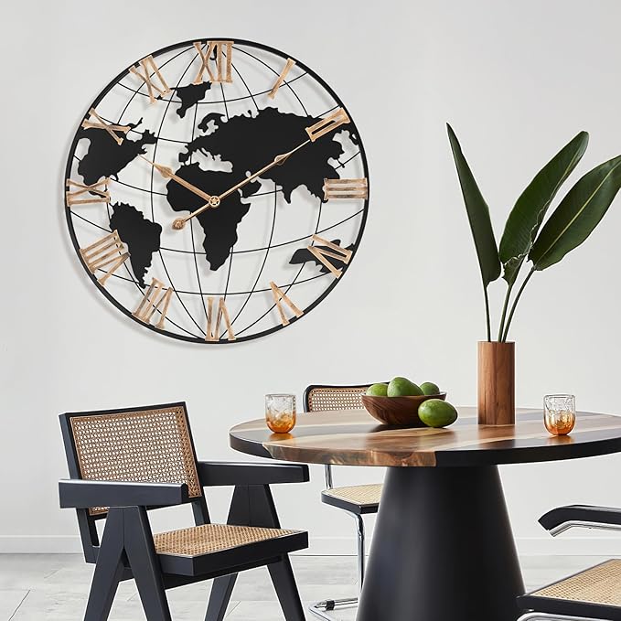 20 Inch Large Wall Clock for Living Room Decor,Big Modern Decorative Silent World Map Metal Wall Clock with Vintage Gold Roman Numeral for Office,Living Room,Kitchen,Dining Room