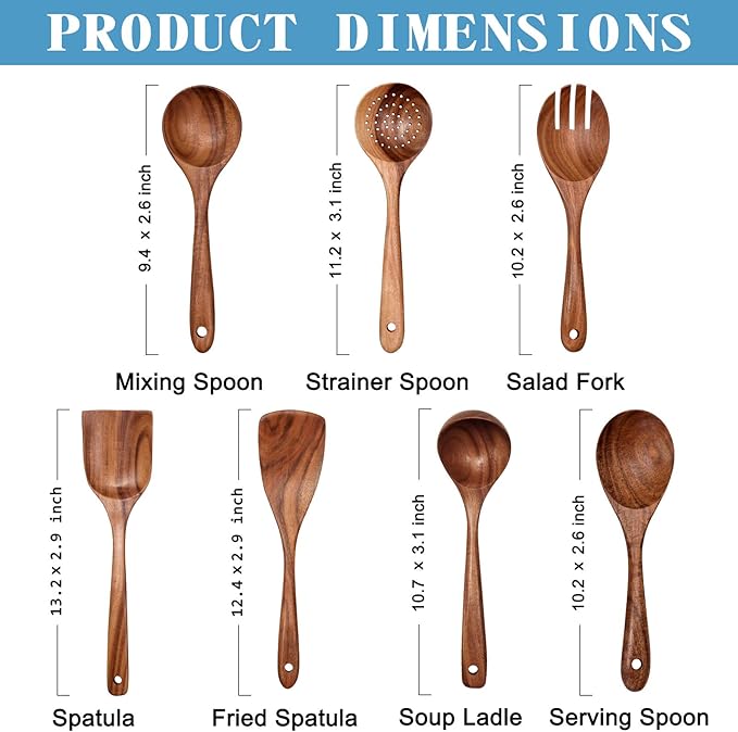 Wooden Non-Stick Kitchen Pan Toolset 7 Pieces Set,100% Natural Teak Kitchen Utensils Spatula, Wooden Cooking Utensils Spoons, Fried Spatula and Salad Fork