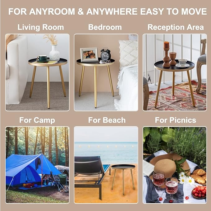 AOJEZOR Side Table: End Table for Any Room - Round Side Tables for Small Spaces - Black Top with 3 Gold Legged