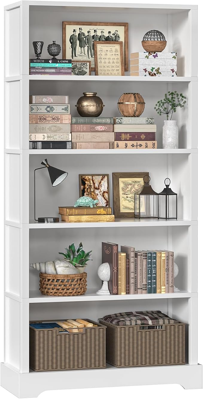 TVU 5-Shelf Wood Bookcase, 65 Inch Tall Bookshelf with Storage, Floor Standing Display Book Shelf，for Living Room Bedroom Study Office, White