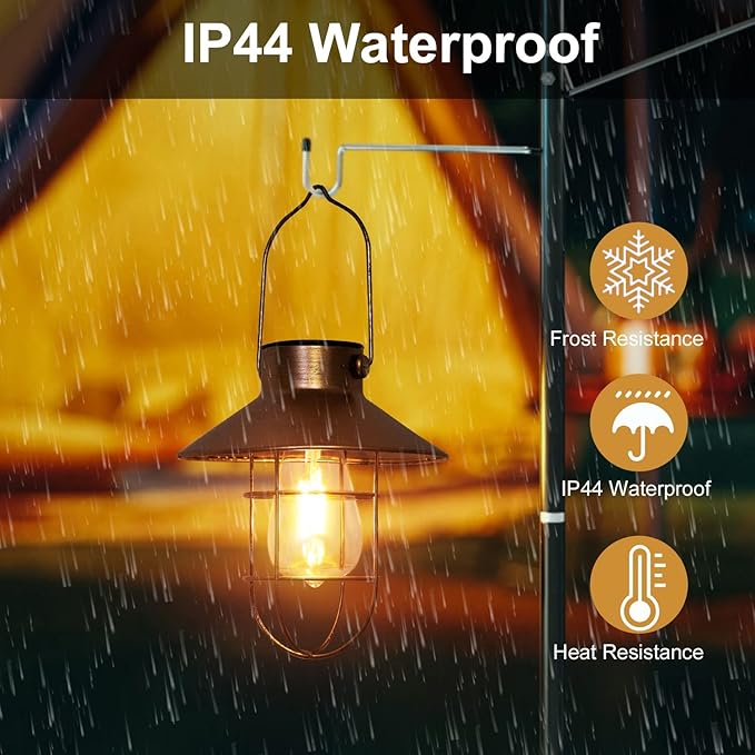 pearlstar Solar Lanterns Outdoor Metal Solar Powered Hanging Lights Waterproof for Barn Wall Yard Garden Patio Garage Balcony Porch Fence Decor, Warm White Edison Bulb (Copper-2pack)