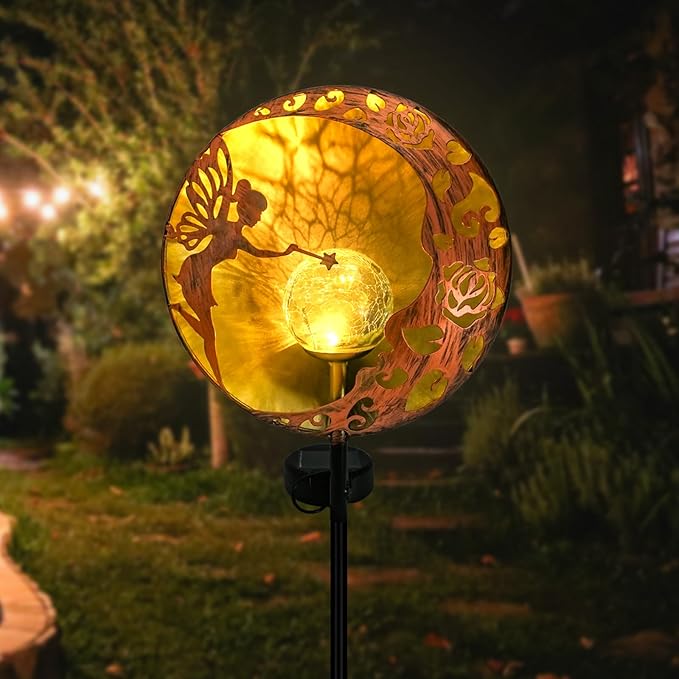 Fairy Solar Garden Light, Decorative Outdoor Statue, Moon Star Stake, Metal Sculpture for Yard, Lawn, Patio, Pathway, Housewarming, Birthday Gift for Mom, Grandma, Women (Fairy, 1)