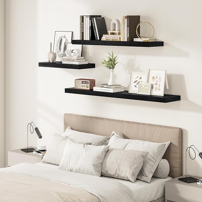Black Floating Shelves for Wall 36 Inches Long, 12" Deep Wall Shelves 2" Thick, Heavy Duty Shelf for Bedroom, Bathroom, Living Room, Kitchen, Office, Home Decor, Modern Shelf Set of 2, 36" X 12" X 2"