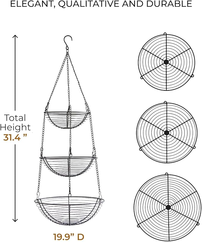 REGAL TRUNK & CO. 3 Tier Hanging Fruit Basket, Farmhouse Wire Basket, Three Tier Fruit Basket for Kitchen for Vegetables, Bread & More, Metal Chain, Hanging Hook and Detachable Round Wire Baskets