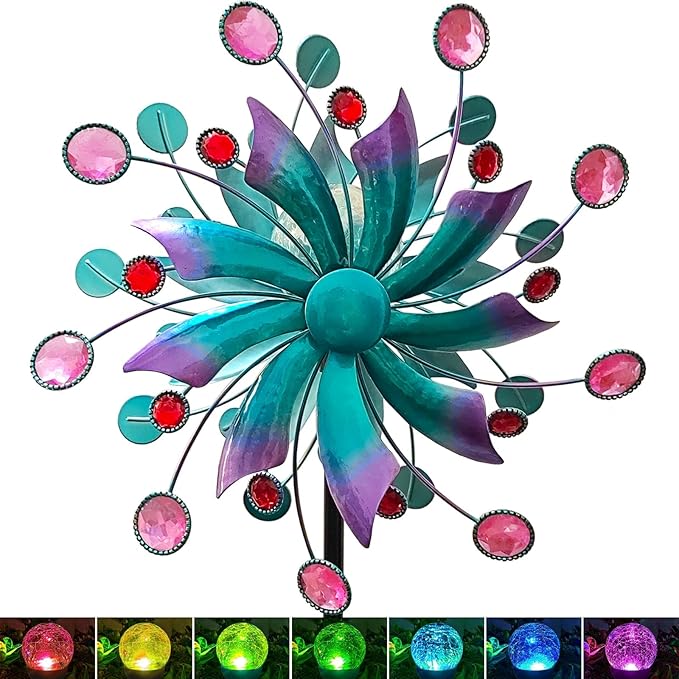 Solar Wind Spinners for Yard and Garden-60.6 Inch 360° Metal Wind Sculptures Outdoor Clearance Kinetic Windmills with Multi Color Led Glass Ball