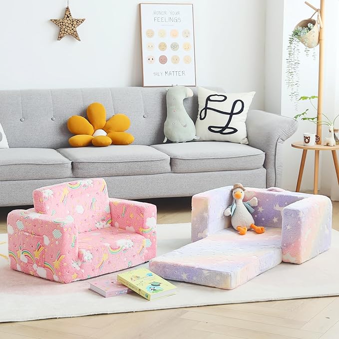 Toddler Chair Kids Couch, 2-in-1 Comfy Armchair with Removable and Washable Cover Carrying Handle, Convertible Reading Chair Toddler Couch for Girls and Boys, Pink Rainbow