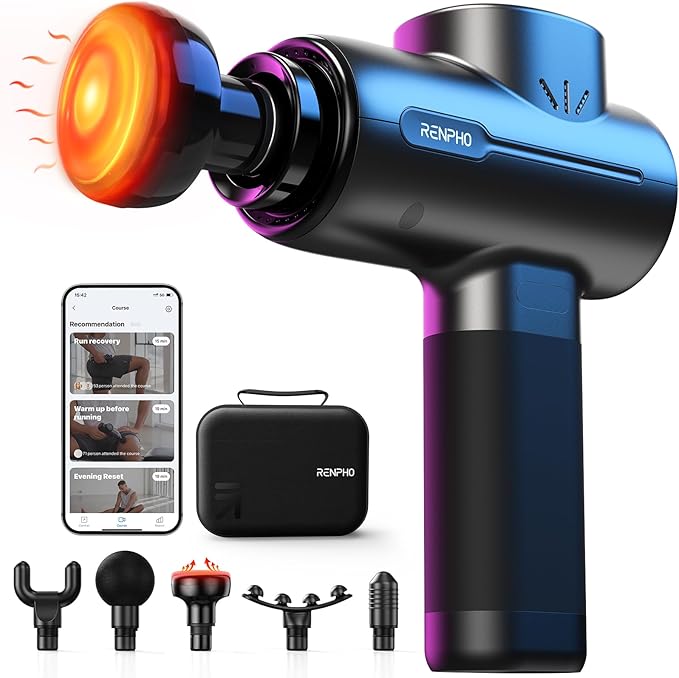 RENPHO Massage Gun with Heat, Portable Percussion Massager with Bluetooth for Back and Neck, Gifts for Men and Women, Carry Case, Active+ Thermal