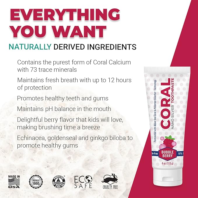 Coral Nano Silver Bubble Berry Kids Toothpaste, Natural Fluoride Free Teeth Whitening Toothpaste, Coral Calcium Nano Silver Infused SLS Free - 4 Ounces