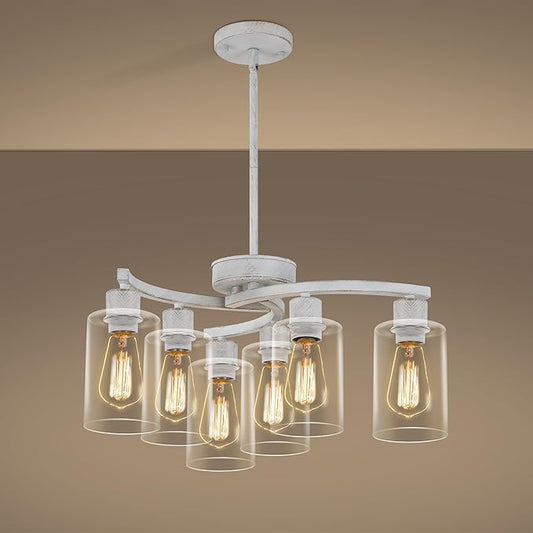 6-Light Antique White Chandelier with Clear Glass Shade, French Country Chandeliers for Dining Room, Adjustable Height Hanging Farmhouse Pendant Lighting for Kitchen Island Entryway Office