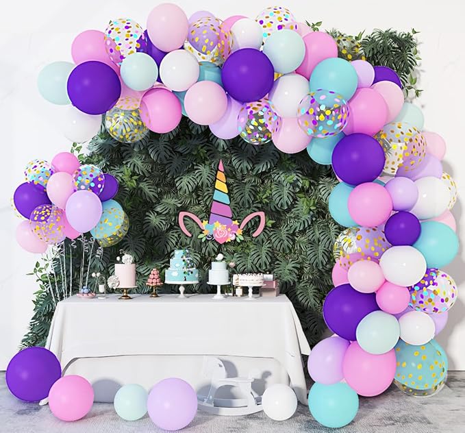 Amandir 134pcs Unicorn Balloons Arch Garland Kit, Unicorn Birthday Party Decorations for Girls Confetti Light Purple Aqua Blue Pink Balloons Set Wedding Baby Shower Party Supplies