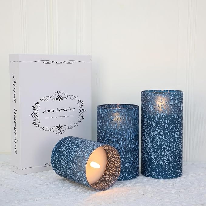 Flameless Candles with Remote - Battery Operated Candles with Timer, Flickering Real Wax LED Pillar Christmas Candles for Wedding, Table, Home Decorations (Blue, Set of 3)