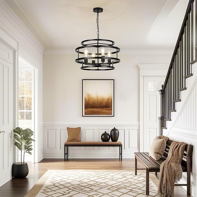 4-Light Black Chandelier for Dining Room, 19.7" Modern Farmhouse Pendant Light with Geometric Metal Frame, Industrial Flush Mount Ceiling Light for Living Room, Bedroom, Kitchen Island, Hallway, Foyer