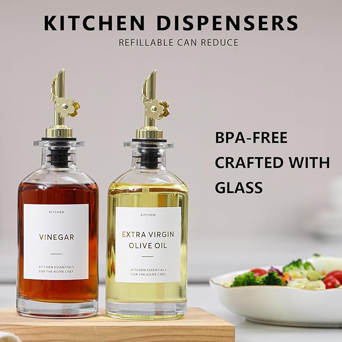 HOMCDALY Olive Oil Dispenser for Kitchen, 11.8oz Glass Dispenser Bottles with Pourer for Kitchen, Oil and Vinegar Dispensers Set, Leakproof Oil Bottle for Cooking| Set of 2 (11.8oz)