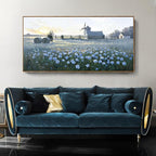 amatop Extra Large Wall Art Bedroom – Framed Country Landscape Canvas Art Blue Floral Field Windmill Print with Natural Wood Frame Rustic Wildflower Picture Home Decor for Living Room Office 58x29 Inch