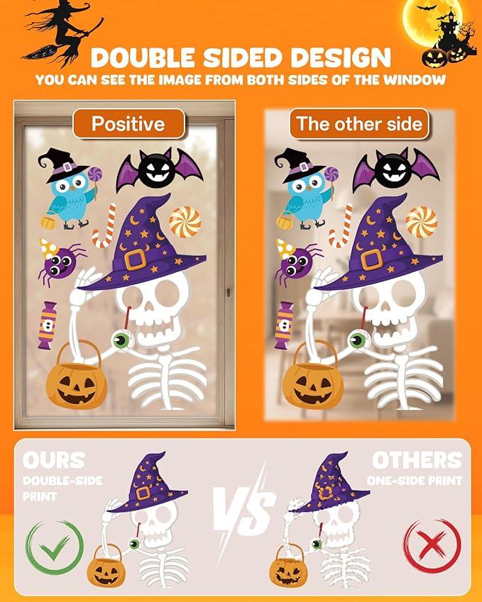 Halloween Window Clings - 9 Sheets 82 Pcs Cute Happy Halloween Window Decorations Indoor for Home Eyes Party Ghost Cat Bat Witch Stickers for Glass Double-Sided Removable Static Glass Decals