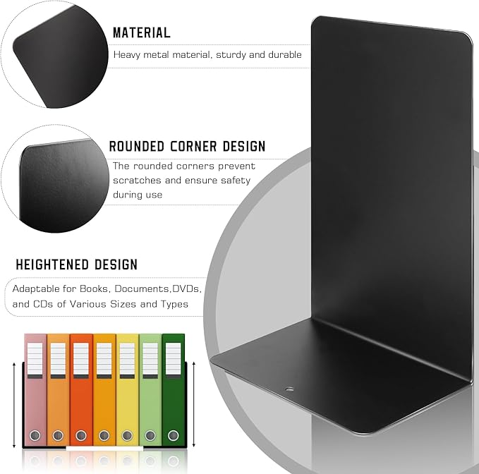 VONDERSO Metal Bookends, 4 Pairs Black Metal Book Ends Heavy Duty for Shelves Decor Home Office, Unique Black Bookends Supports Anti-Slip for Kids
