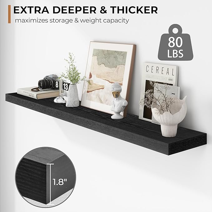 Fun Memories 55 Inch Floating Shelves - 9 Inch Deep Rustic Wooden Wall Shelves - Extra Deeper & Thicker Wall Mounted Storage Shelf for Living Room Kitchen Farmhouse - Rustic Black