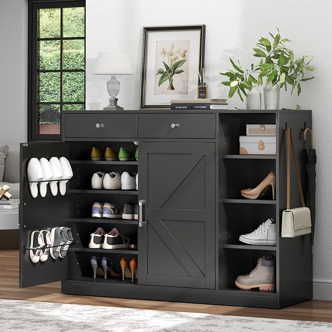 Loomie 5-Tier Shoe Cabinet with 4 Side Cubbies, Farmhouse Shoe Rack Cabinet with 6 Adjustable Shelves & 2 Drawers, Freestanding Shoe Storage Cabinet with 4 Brackets & 2 Hooks for Entryway (Black)