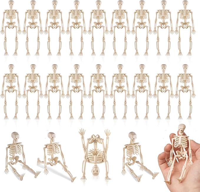 24 Pcs mini skeleton halloween decoration With hemp rope，6”small plastic posable halloween tiny skeleton figurines decor for Halloween Indoor Outdoor Graveyard Decor Haunted House Party Favors