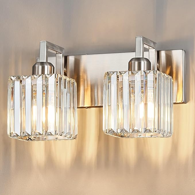 Modern Bathroom Vanity Light 2-Lights Brushed Nickel Vanity Light Crystal Wall Light Bathroom Light Fixtures