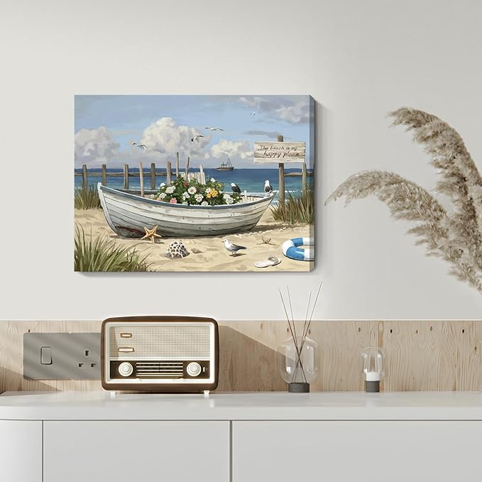 amatop Coastal Wall Art– Beach Scene Picture with Boat on Sandy Shore, Flowers and Sea Birds, Blue Ocean Seascape Themed Canvas Print Nautical Artwork for Bathroom and Bedroom Decor, Small 16x12 Inch