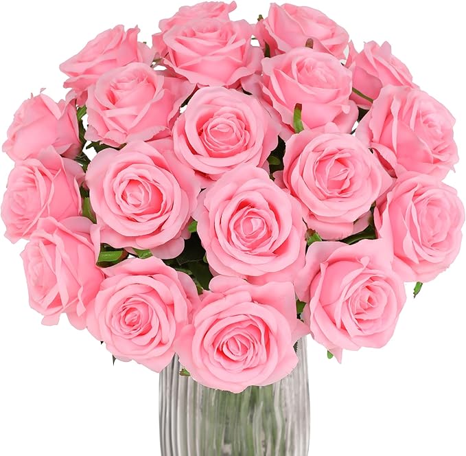 Pink Fake Roses Artificial Flowers - 10 Pcs Fake Artificial Roses Silk Flowers with Stems for Home Wedding Hotel Office Centerpiece Decor