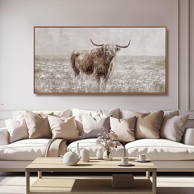 MLART99 Vintage Brown Highland Cow Painting Farmhouse Wall Art with Frame Country Decor Animal Poster for Living Room Bedroom Decor Ready to Hang 24x48