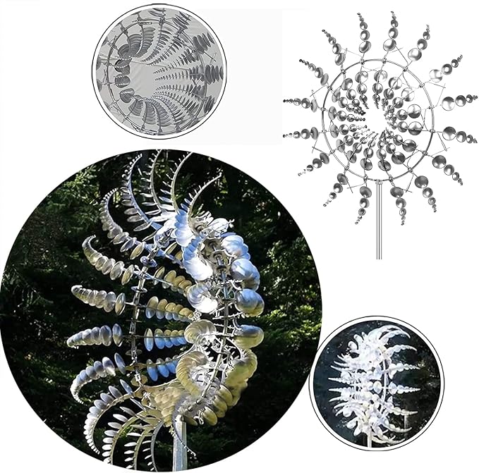 Unique and Magical Metal Windmill, 3D Wind Kinetic Sculpture, Wind Spinner Solar, Lawn Solar Wind Spinners for Yard and Garden, Wind Catchers Metal Outdoor Patio Decoration (1 PCS -Silver)
