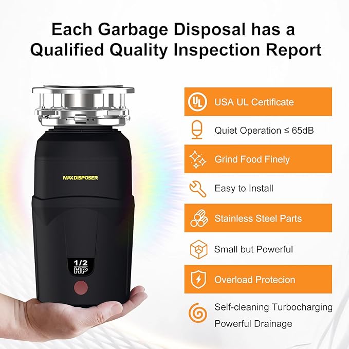 A400 Garbage Disposal 1/2 HP for Kitchen Sink, Small Fit Food Waste Disposer Fast Continuous Feed Stainless Steel Grinding, Quietness, Ease of Installation, Corded, Powerful Drainage Half Horsepower