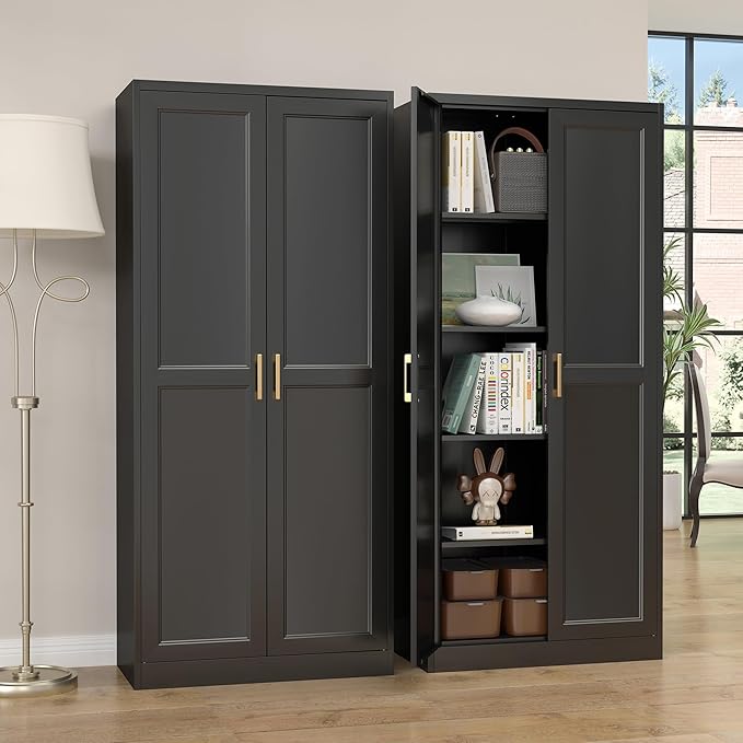 Kitchen Pantry Cabinet,71”Black Metal Pantry Storage Cabinet with Doors and 4 Adjustable Shelves,Kitchen Cabinet with 2 Gold Handles,Tall Cabinet for Livingroom,Pantry, Bathroom