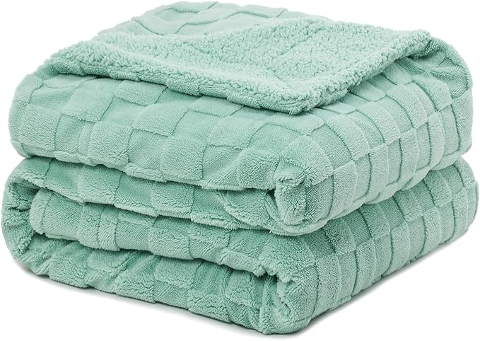 Pawque Super Soft Cozy Throw Blanket Twin Size for Couch Bed, Fluffy Sherpa Fleece Reversible Thick Warm Fuzzy Blanket for All-Season, 3D Checkered Jacquard Decorative Blankets, Sage Green, 60"x80"