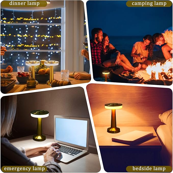 VIHOSE Set of 8 LED Portable Cordless Table Lamp with Touch Sensor 3 Color Stepless Dimming Rechargeable Battery up to 15 Hours Cordless Table Light Wireless Lamp for Nursery(Gold)